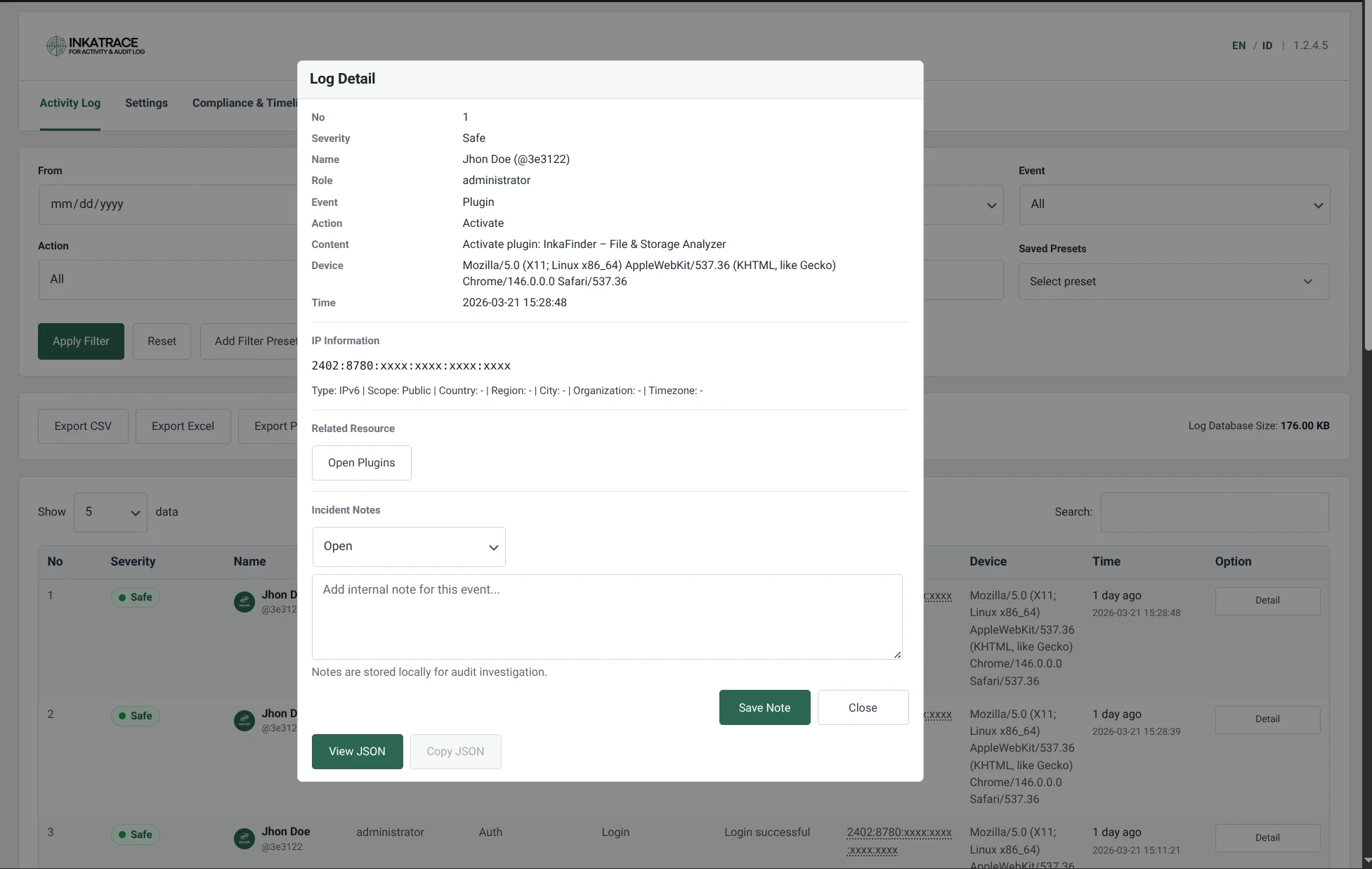 InkaTrace for Activity & Audit Log 2 Log detail modal with event metadata, IP information, related resource shortcuts, and locally stored incident notes.
