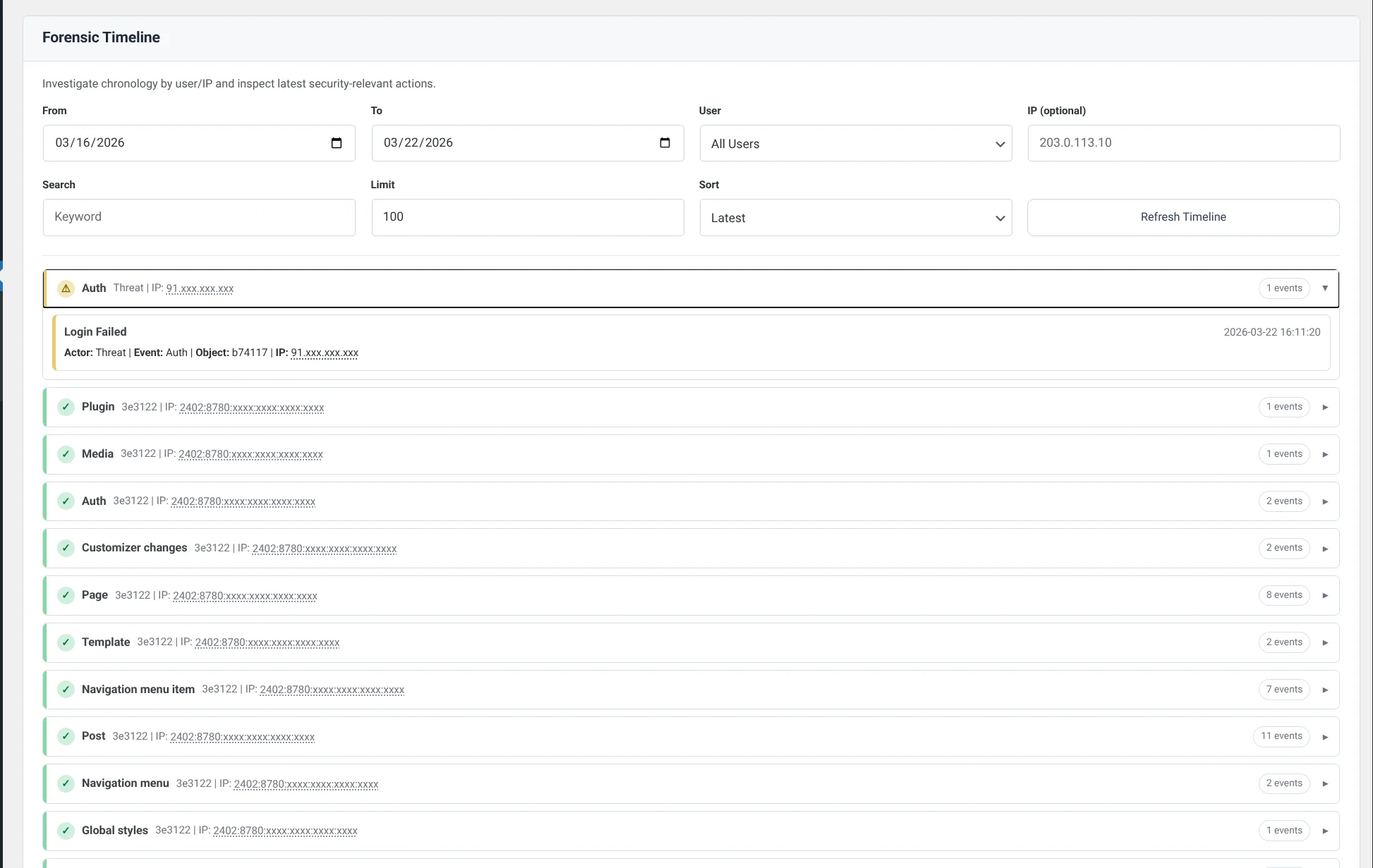InkaTrace for Activity & Audit Log 5 Pro forensic timeline for investigating activity chronology by date range, user, keyword, and IP address.