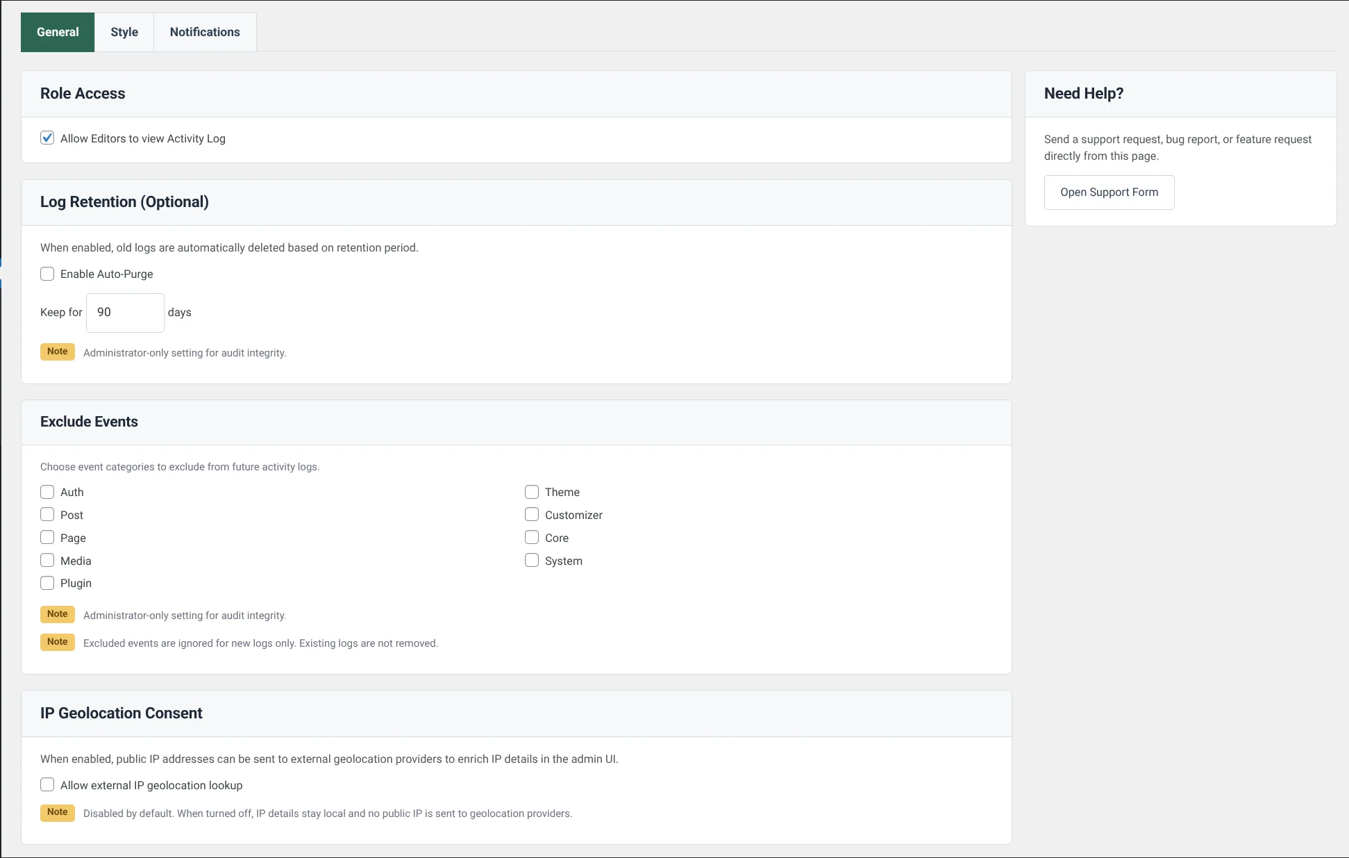 InkaTrace for Activity & Audit Log 6 General settings view covering retention, excluded events, IP geolocation consent, and support access.