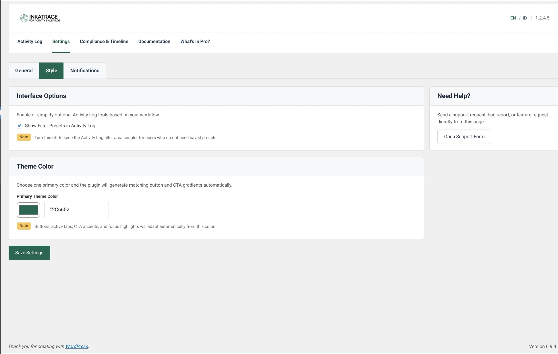 InkaTrace for Activity & Audit Log 7 Style settings for interface options and IP display mode in the admin activity view.