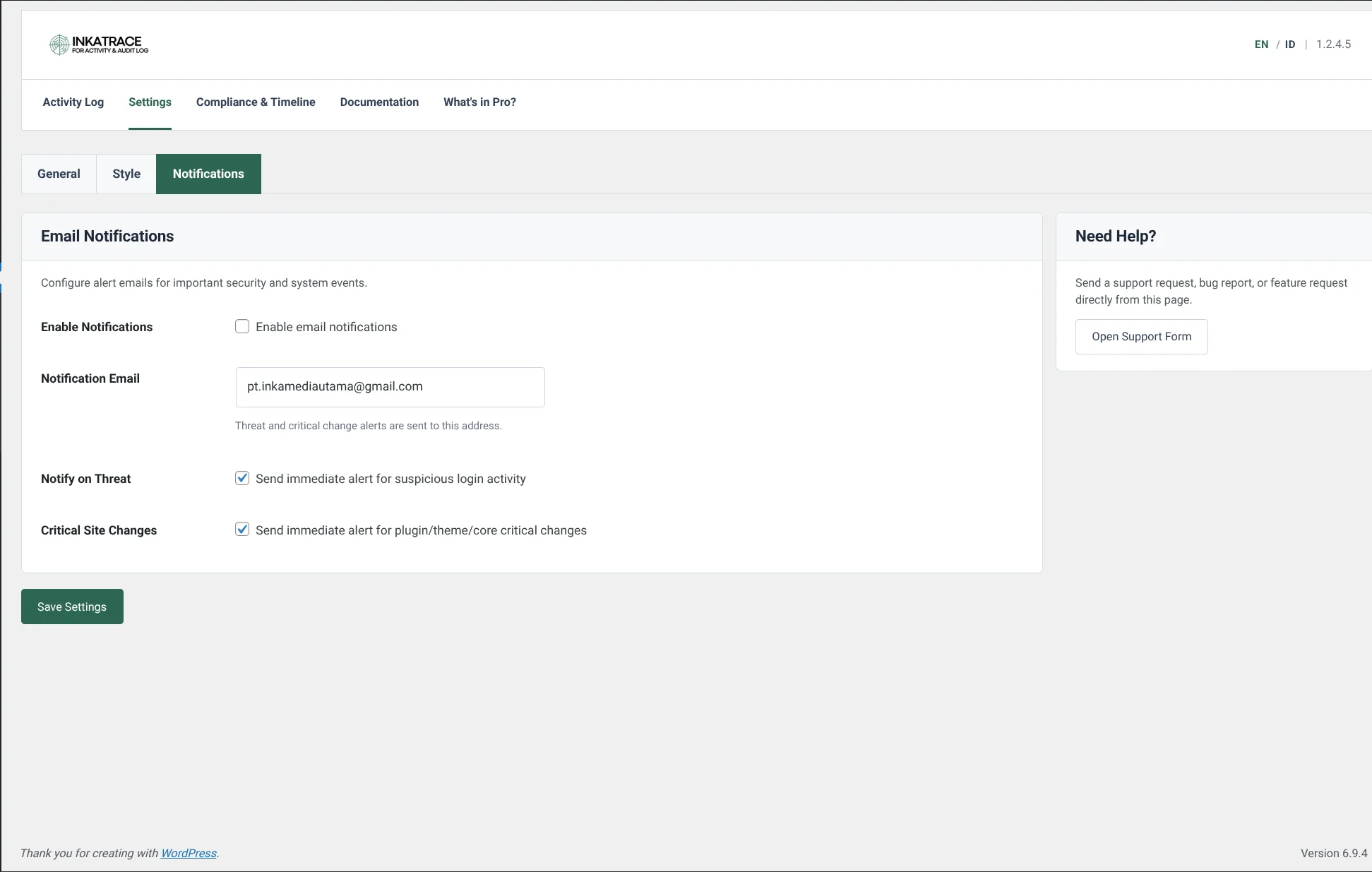 InkaTrace for Activity & Audit Log 8 Notification settings for email delivery, including threat alerts and critical site change alerts.