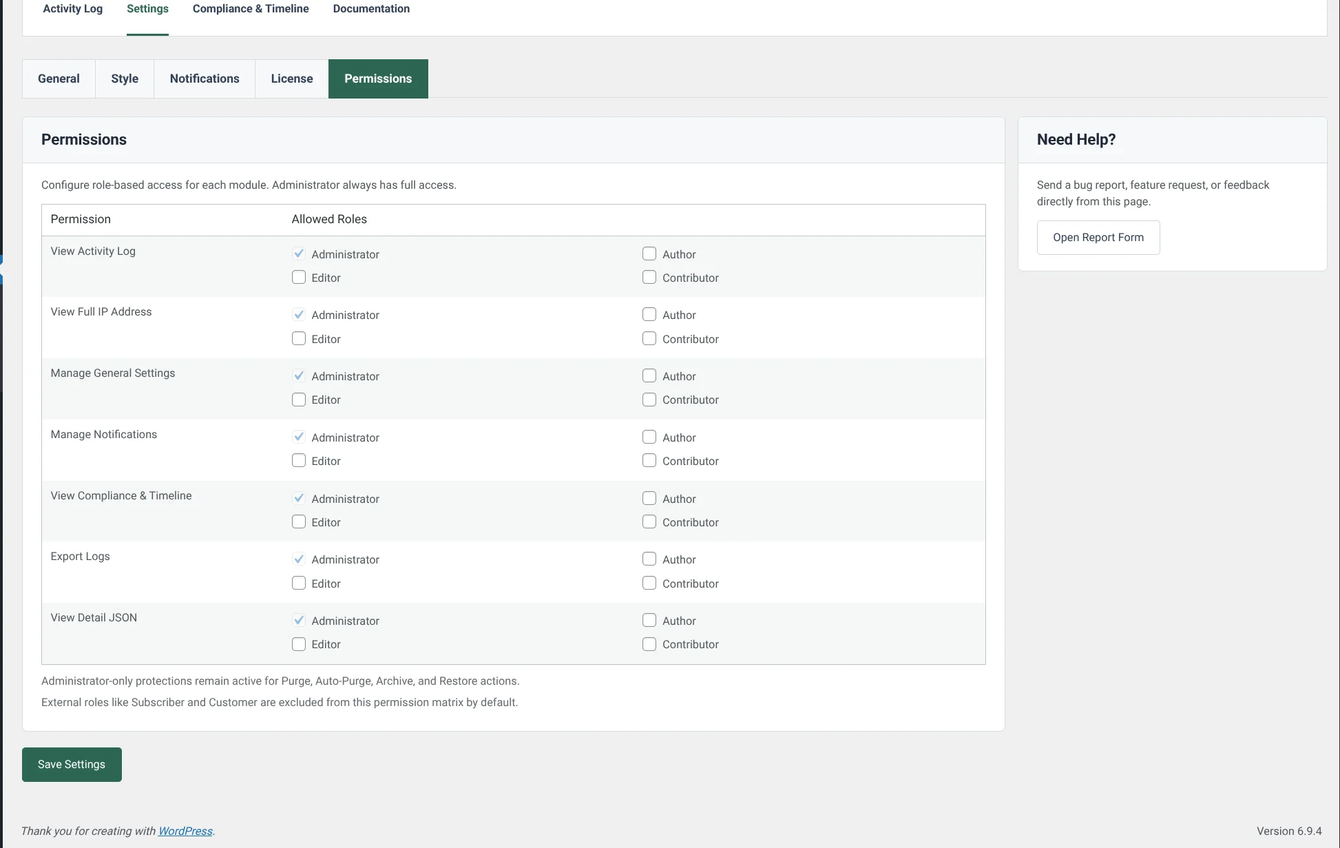 InkaTrace for Activity & Audit Log 9 Pro permissions matrix for assigning access to Activity Log, exports, settings, and related modules by role.